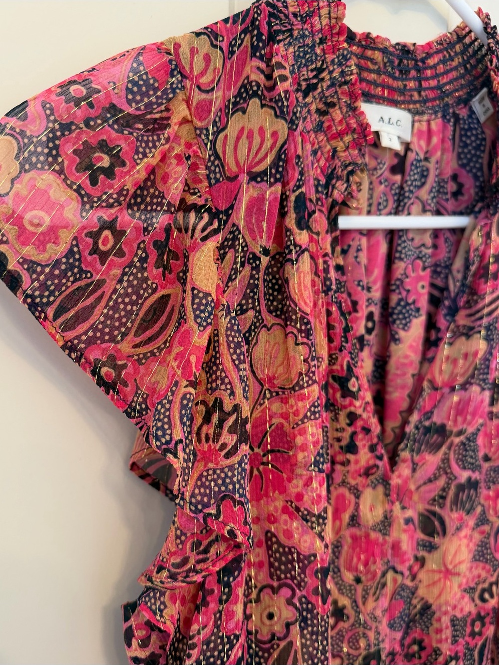 A.L.C. Hayley Floral Metallic Silk Flutter Sleeve Blouse in Size 2 (XS) - Picture 8 of 12